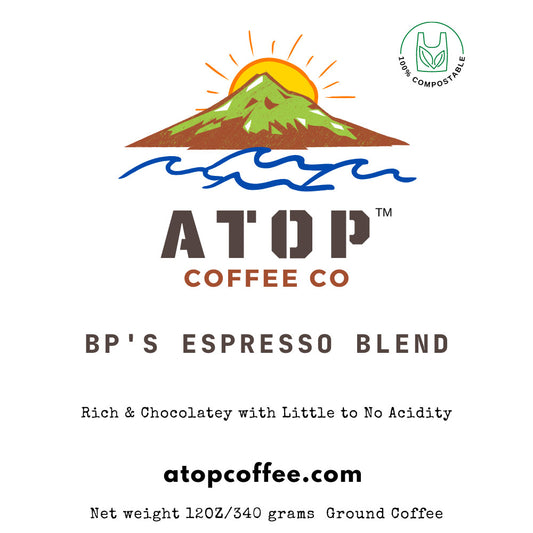 BP's Espresso Blend Dark Roast Coffee 12 oz bag label closeup