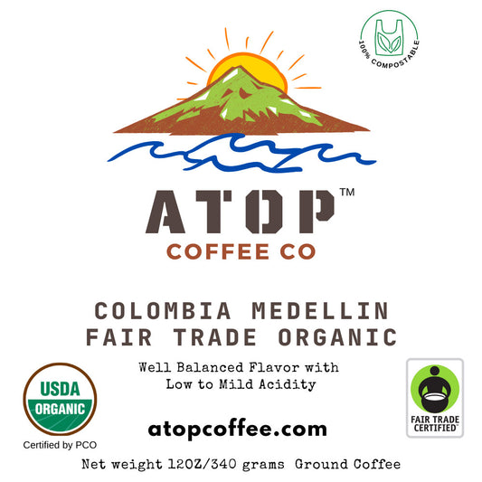 Colombia Medellin Fair Trade Organic Coffee 12oz label closeup
